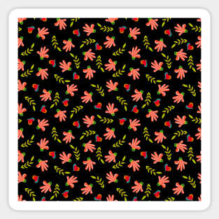 Peach Flowers and Green Leaves on Black Background Sticker